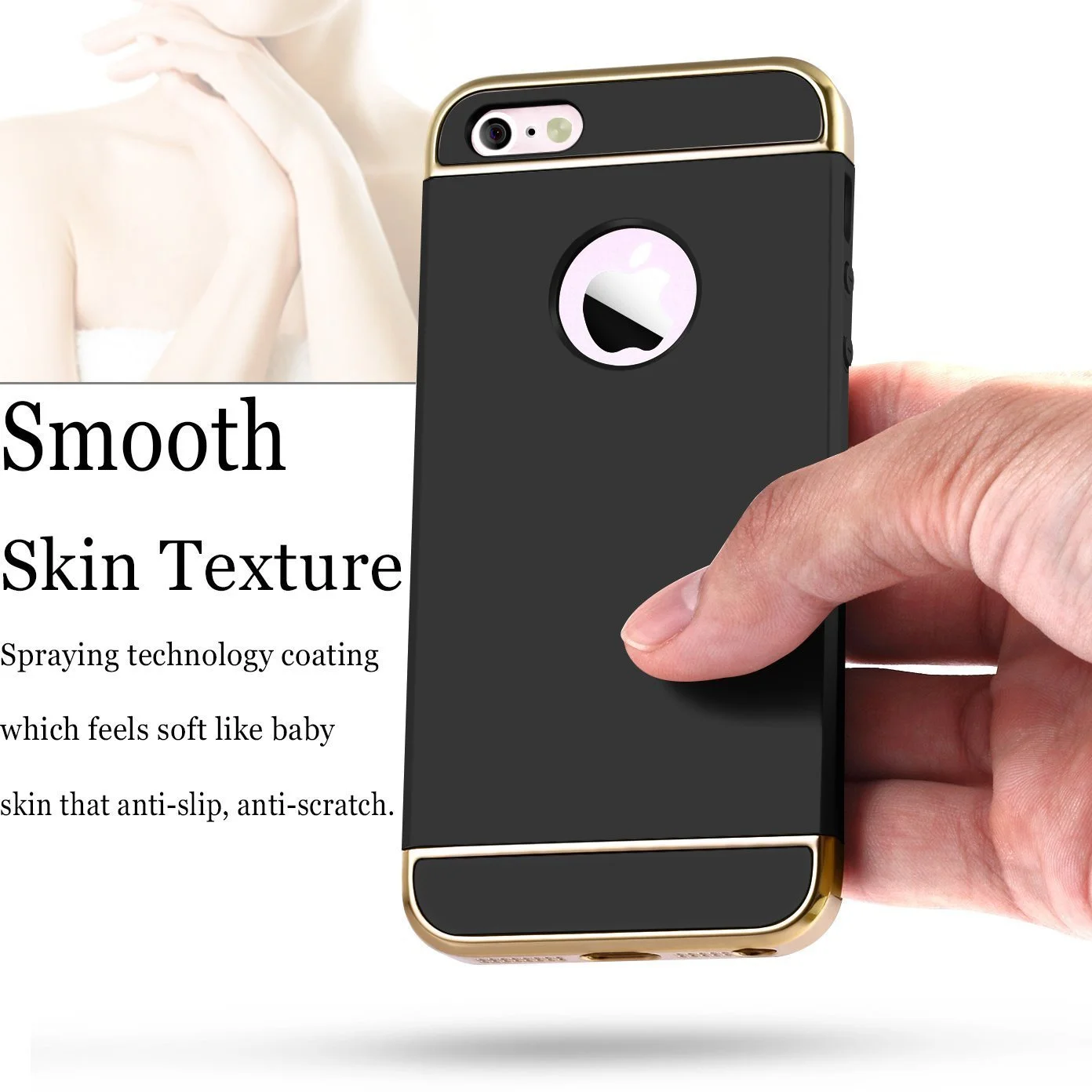 must ja kuldne iPhone 5/5S/SE ümbris, millel on sile pind ja ava kaamera jaoks